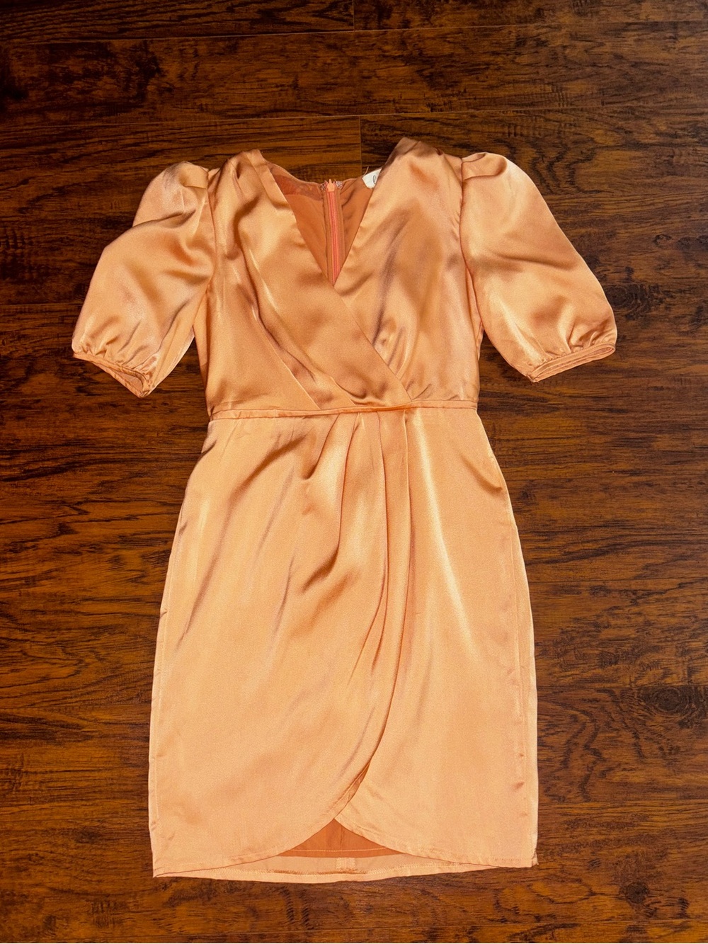 Lena Coral Peach Satin Silk Mini Wrap Dress Women’s Small Puff Sleeve Formal
